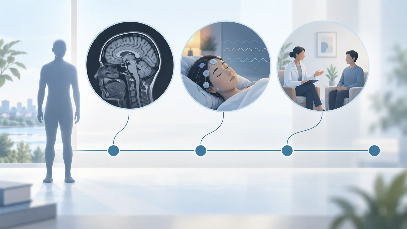 Conceptual timeline linking repeated brain MRI, sleep recording and clinical assessments in a Parkinson’s risk study.