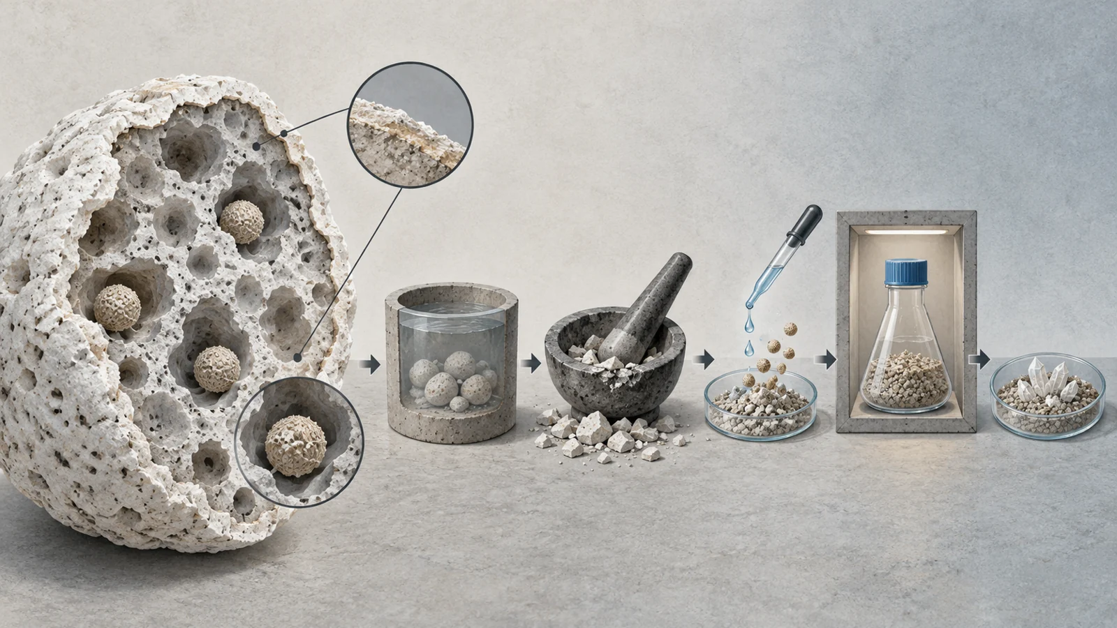 Cutaway porous perlite grain with schematic bacterial spores beside a laboratory aging and mineral-formation sequence