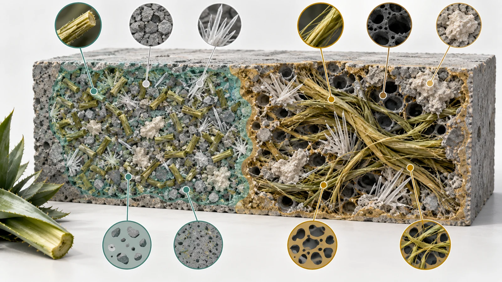 Conceptual cutaway of concrete with pineapple fibres, wollastonite needles and localized mineral deposits.