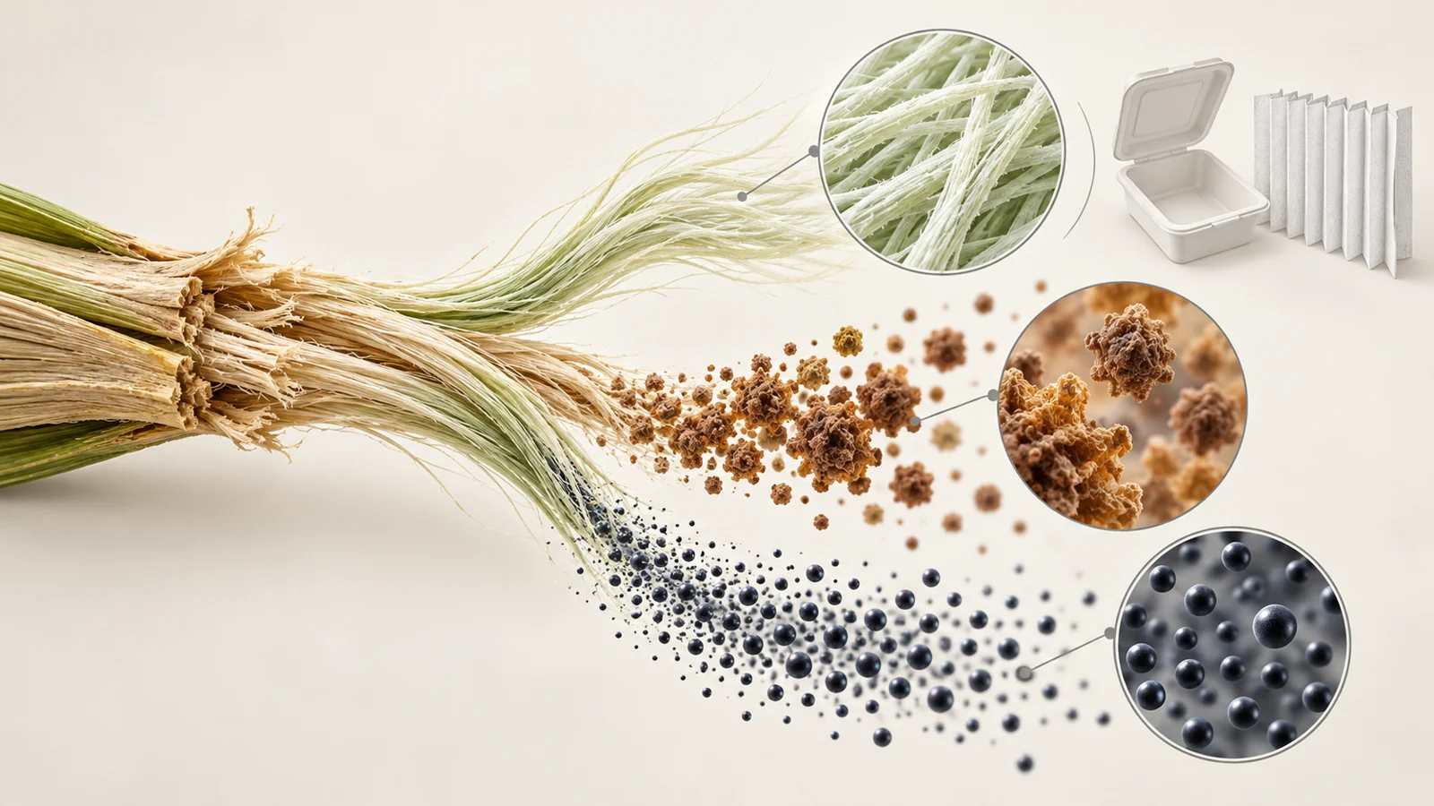 Plant fibers branch into cellulose fibers, lignin particles and carbon dots, beside simple packaging and filter shapes.