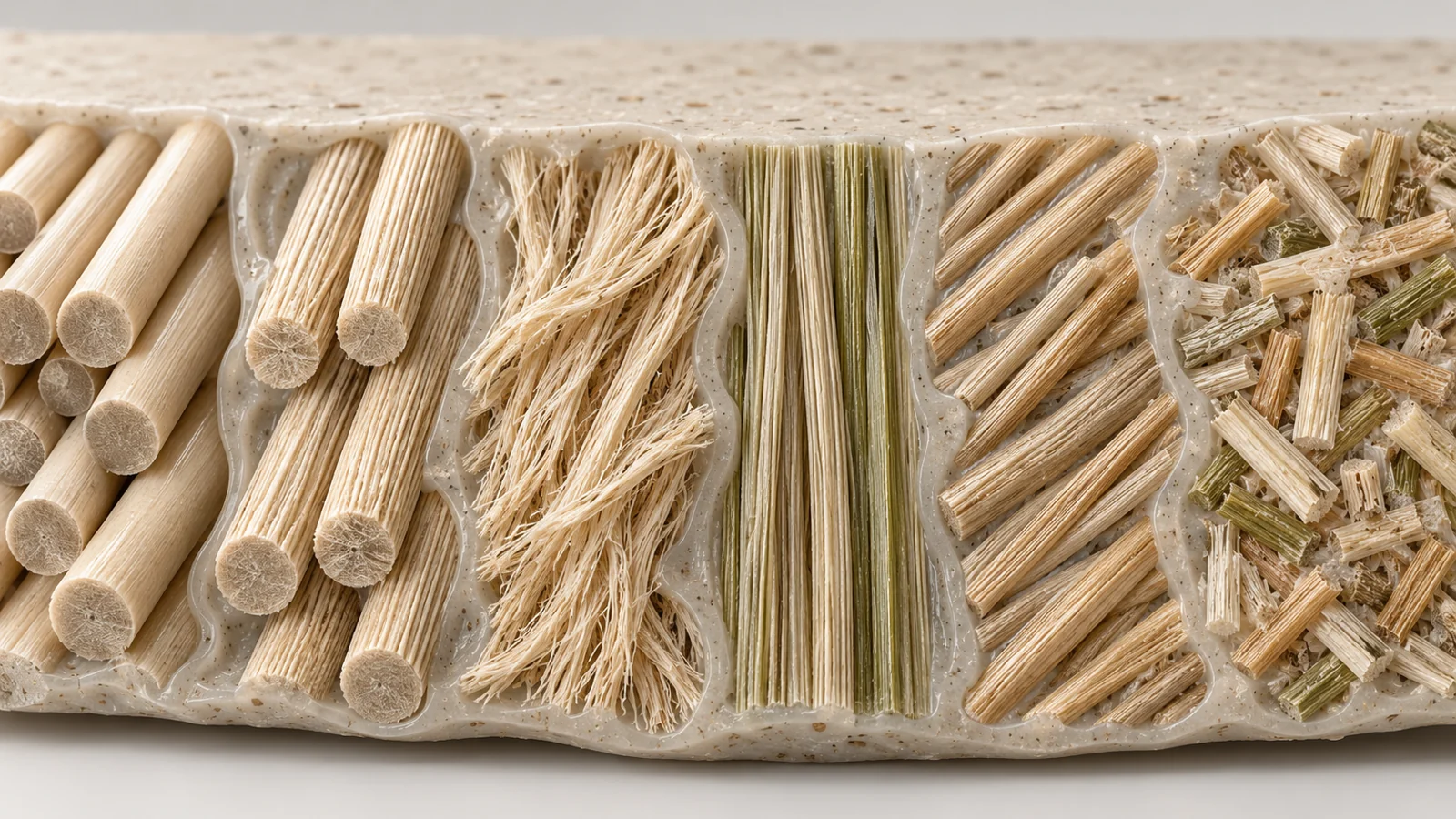 Cross-section of plant fibers embedded in a polymer, with varied surface textures and orientations.