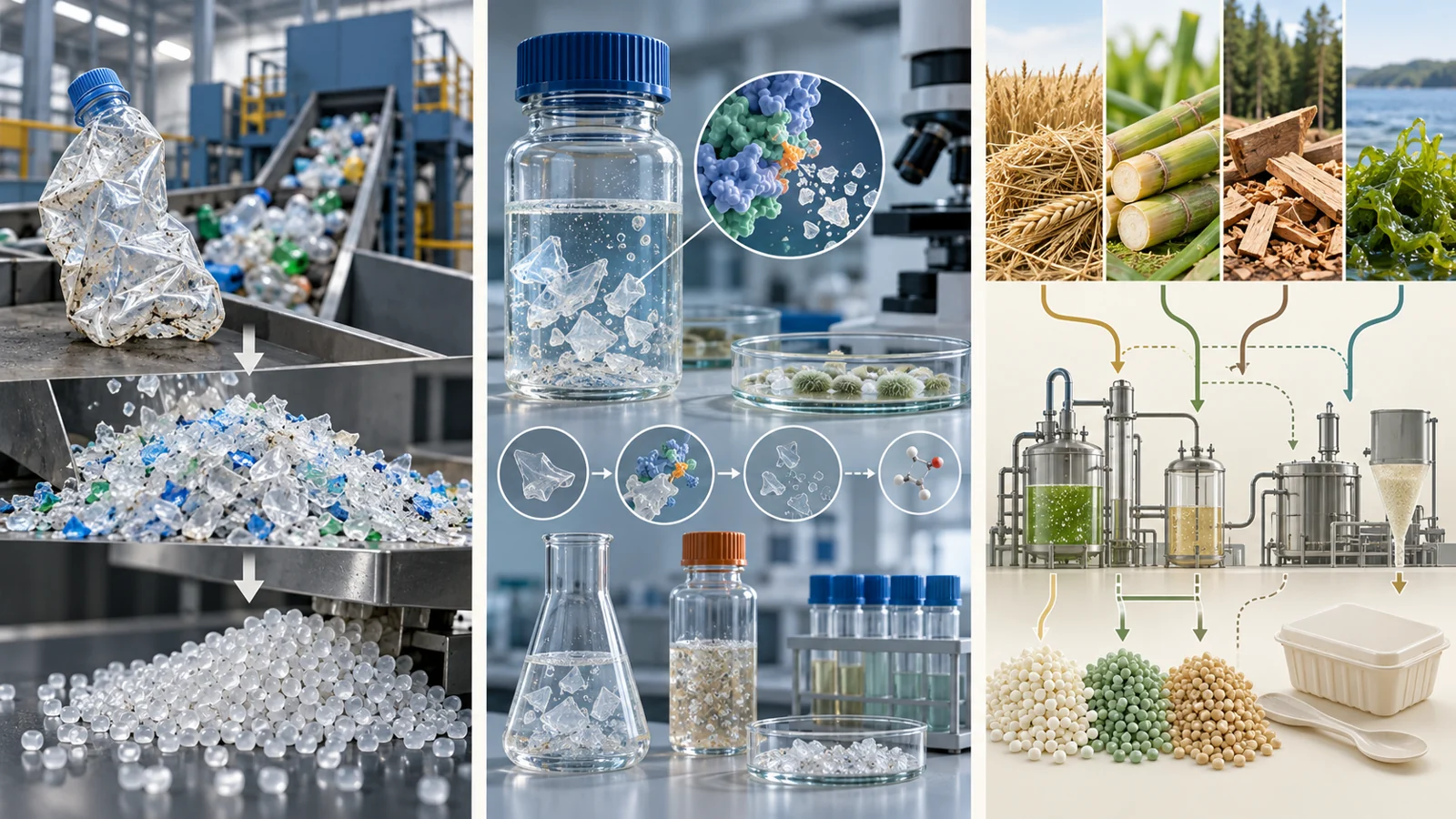 Three panels separately depict recovery of used plastic, PET degradation research, and plastics made from renewable materials.
