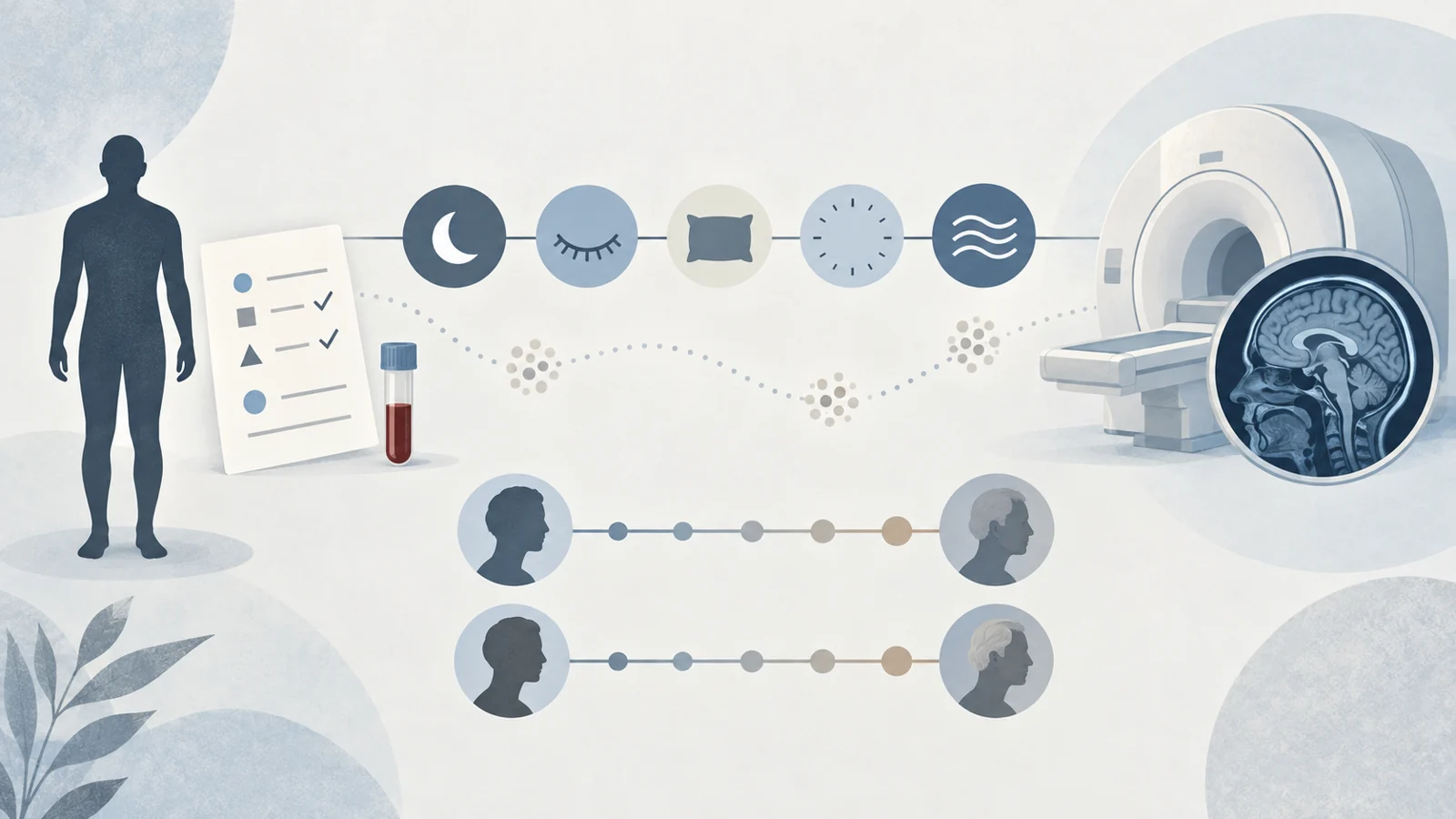 Conceptual timeline from sleep and blood measures to a later MRI-based brain age estimate