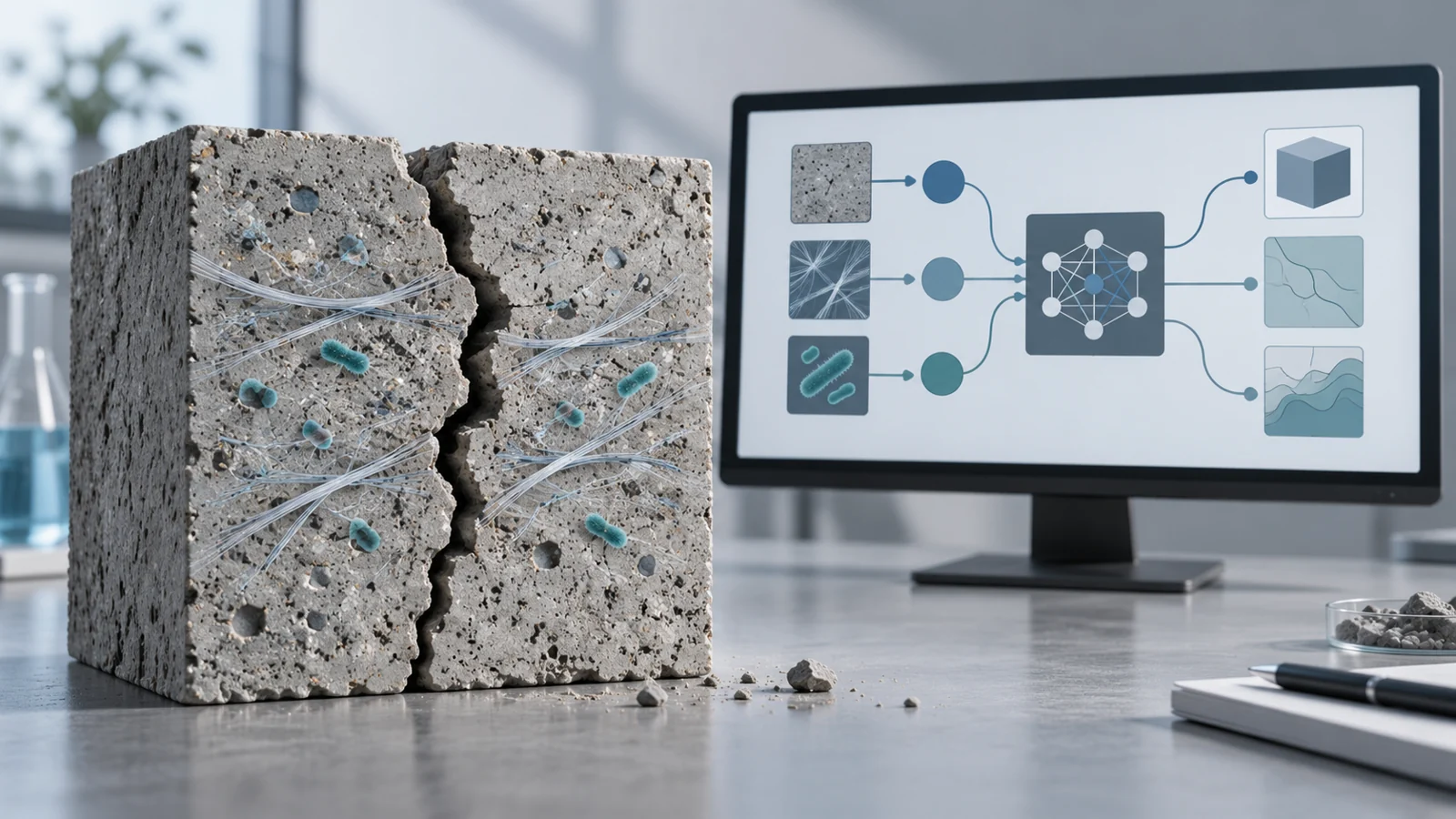 Cracked concrete sample with schematic fibers and bacteria markers beside a computer prediction workflow