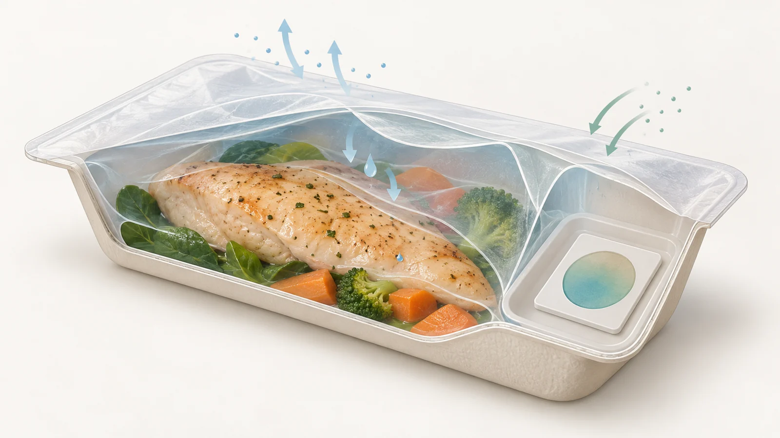 Cross-section of a food package with a thin film and a separate condition indicator.