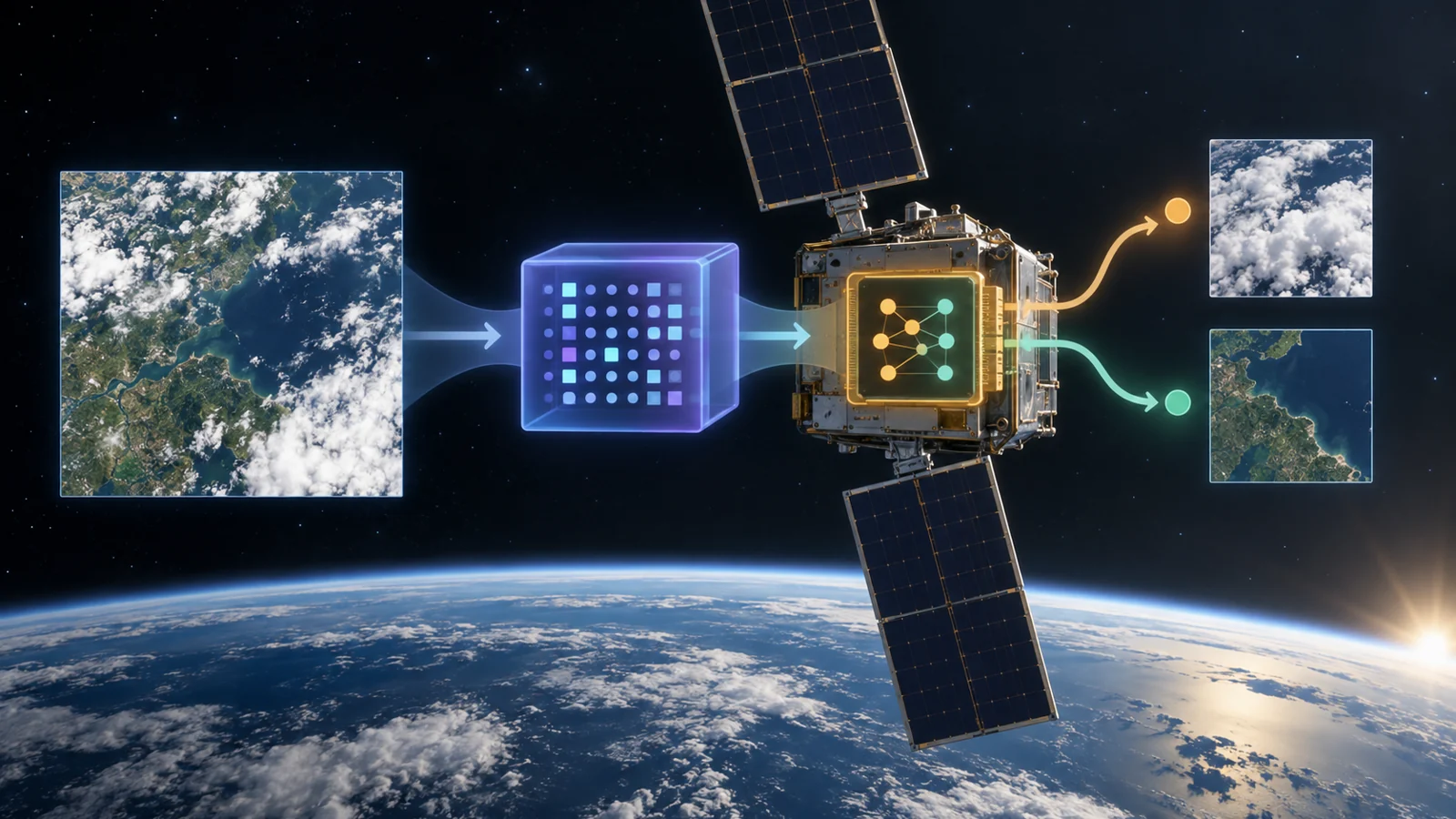 Conceptual diagram of an Earth image tile becoming a compact representation before cloudy or non-cloudy classification inside a satellite computer