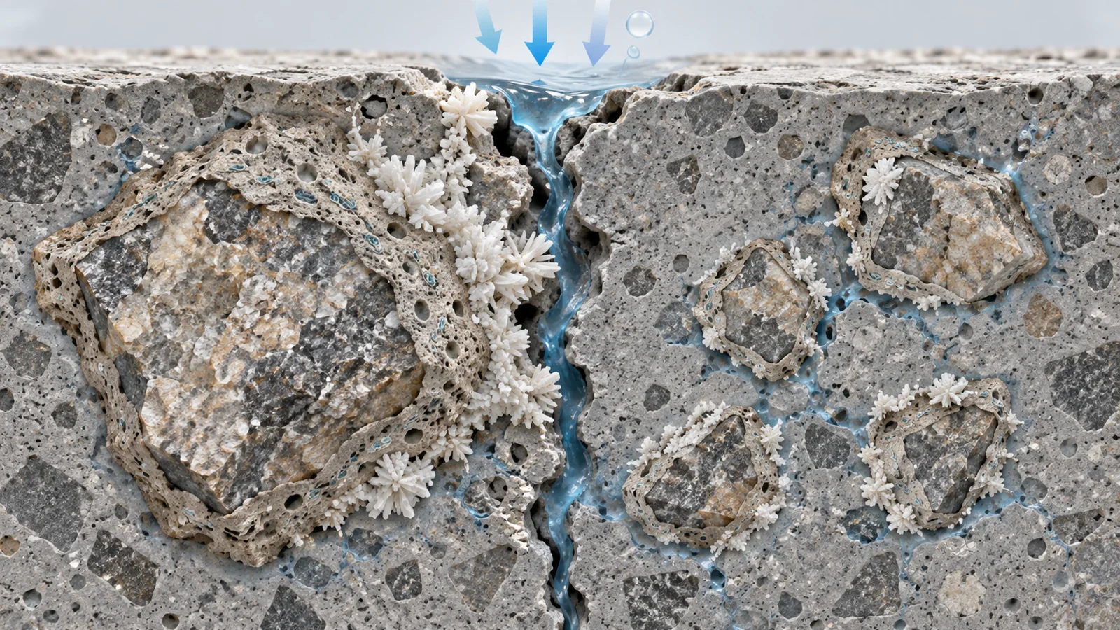 Cutaway comparison of coarse and fine recycled concrete particles with bacterial sites and mineral deposits beside a residual crack pathway