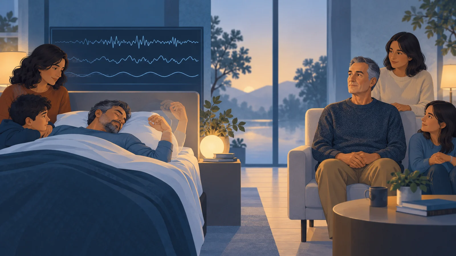 Two family groups compared in a sleep study, with dream-related movement and a conceptual REM sleep recording.