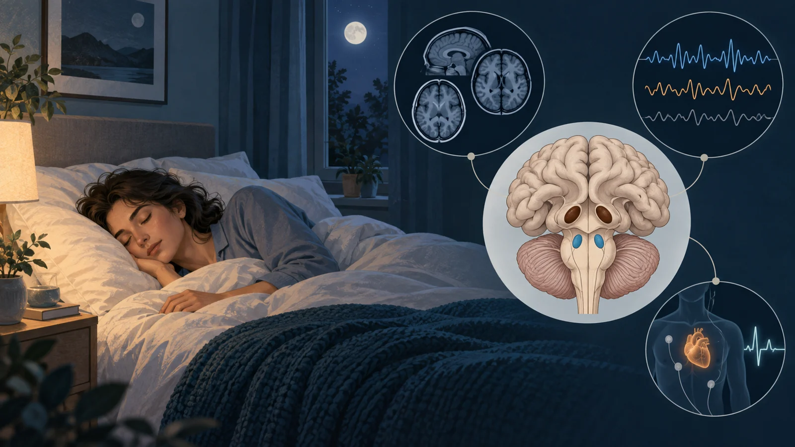 Sleeping adult with dream-sleep movement beside a brainstem inset and research measurements for imaging, electrical activity and autonomic function