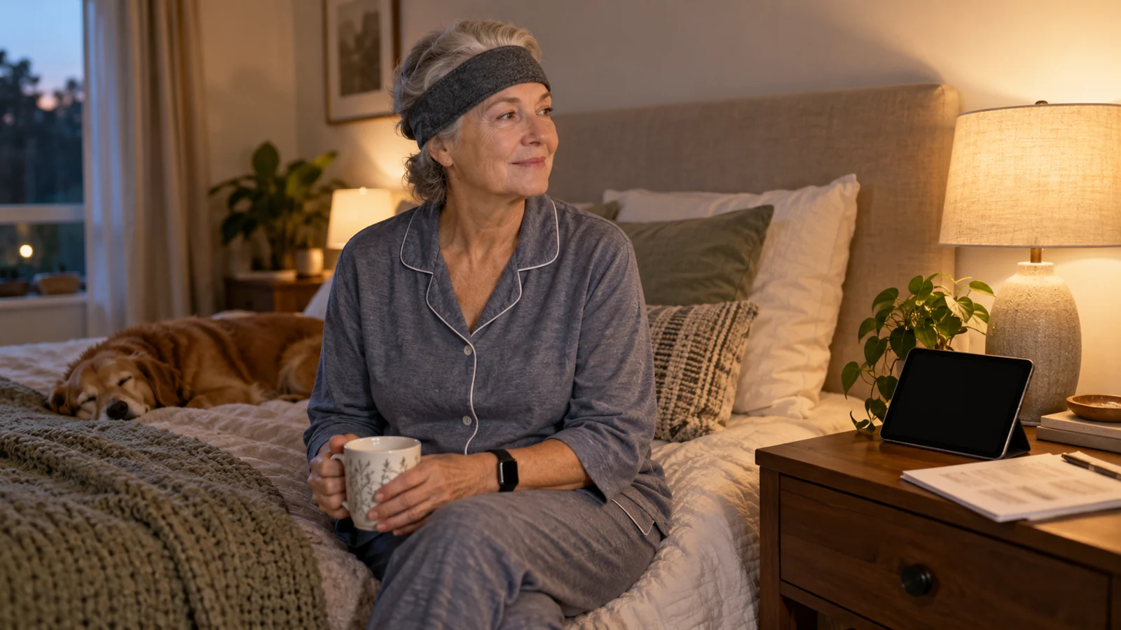 Older adult wearing a sleep headband and wrist monitor beside a tablet at home