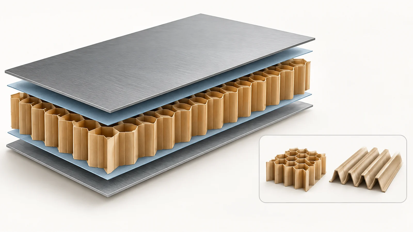 Cutaway sandwich panel showing stiff face sheets, a cellular core and bonded interfaces beside honeycomb and corrugated core shapes.
