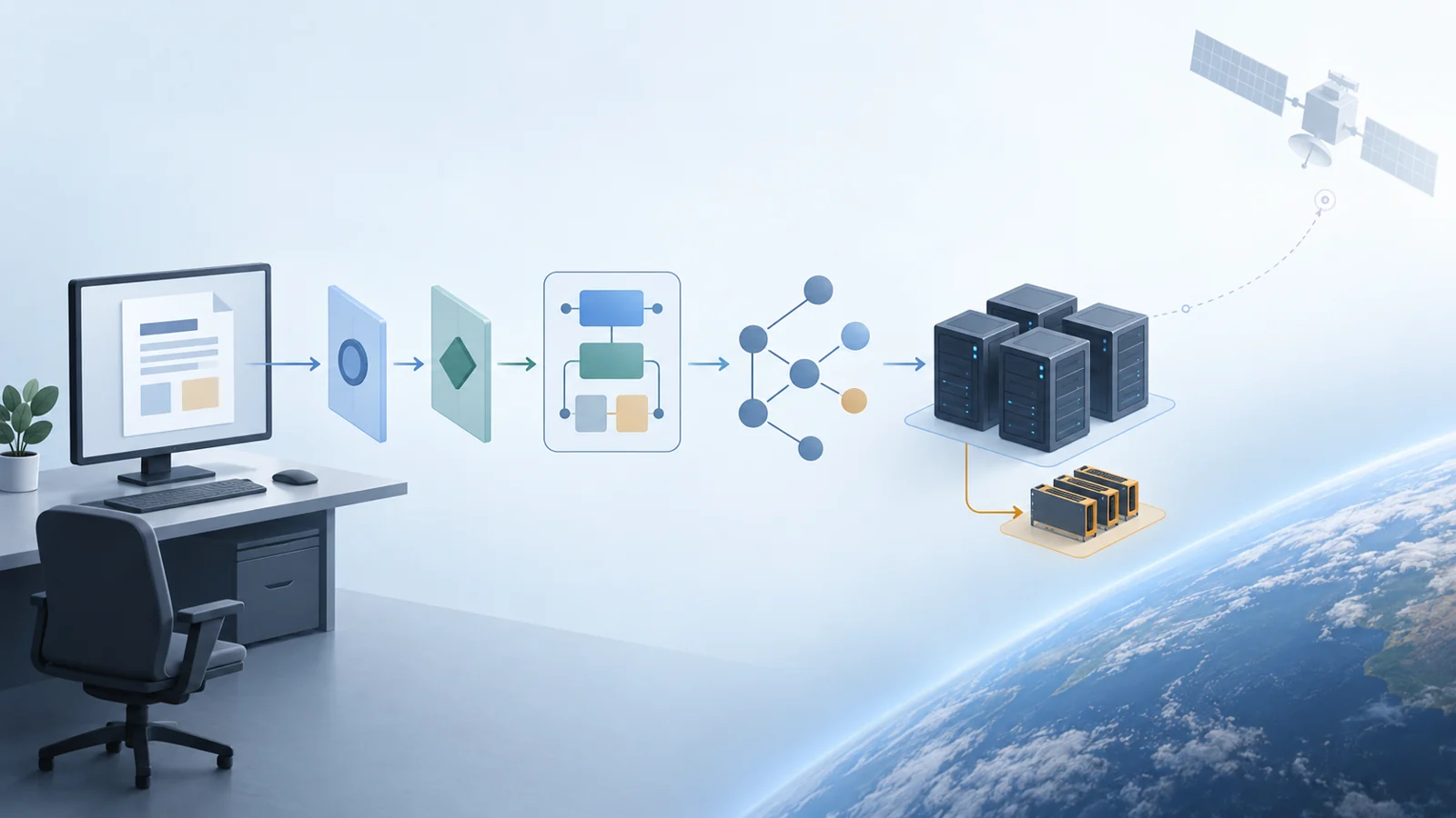 Ground workstation sends a mission plan through validation gates into a dependency graph and local compute cluster, with a qualified path toward a satellite runtime.