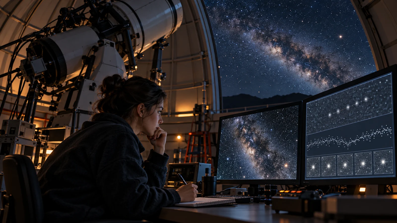 An astronomer compares a candidate pattern in a star field with telescope observations on a nearby screen.