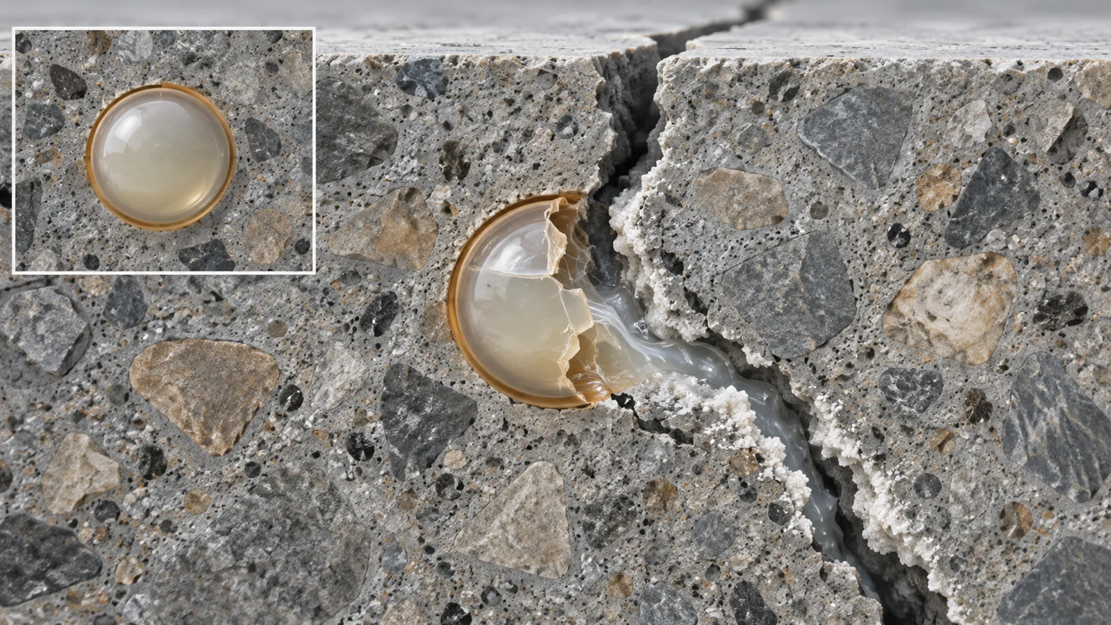 Cutaway concrete crack intersecting a protective capsule whose released contents form calcium-carbonate deposits along the crack.