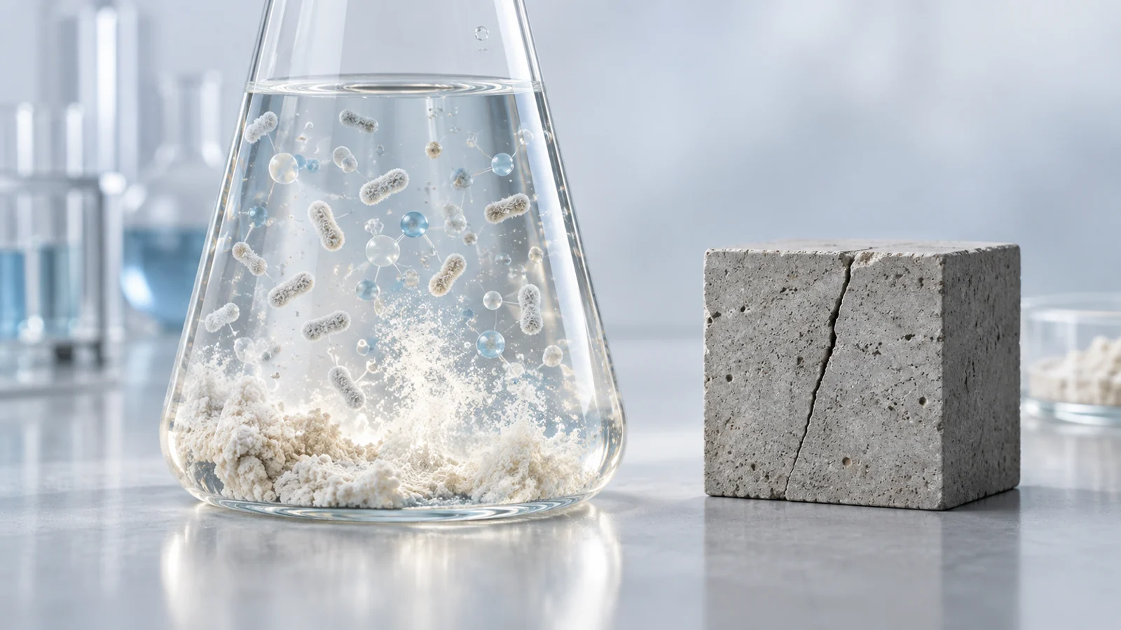 Bacterial spores and calcium carbonate precipitate in a culture vessel beside a separate cracked concrete sample