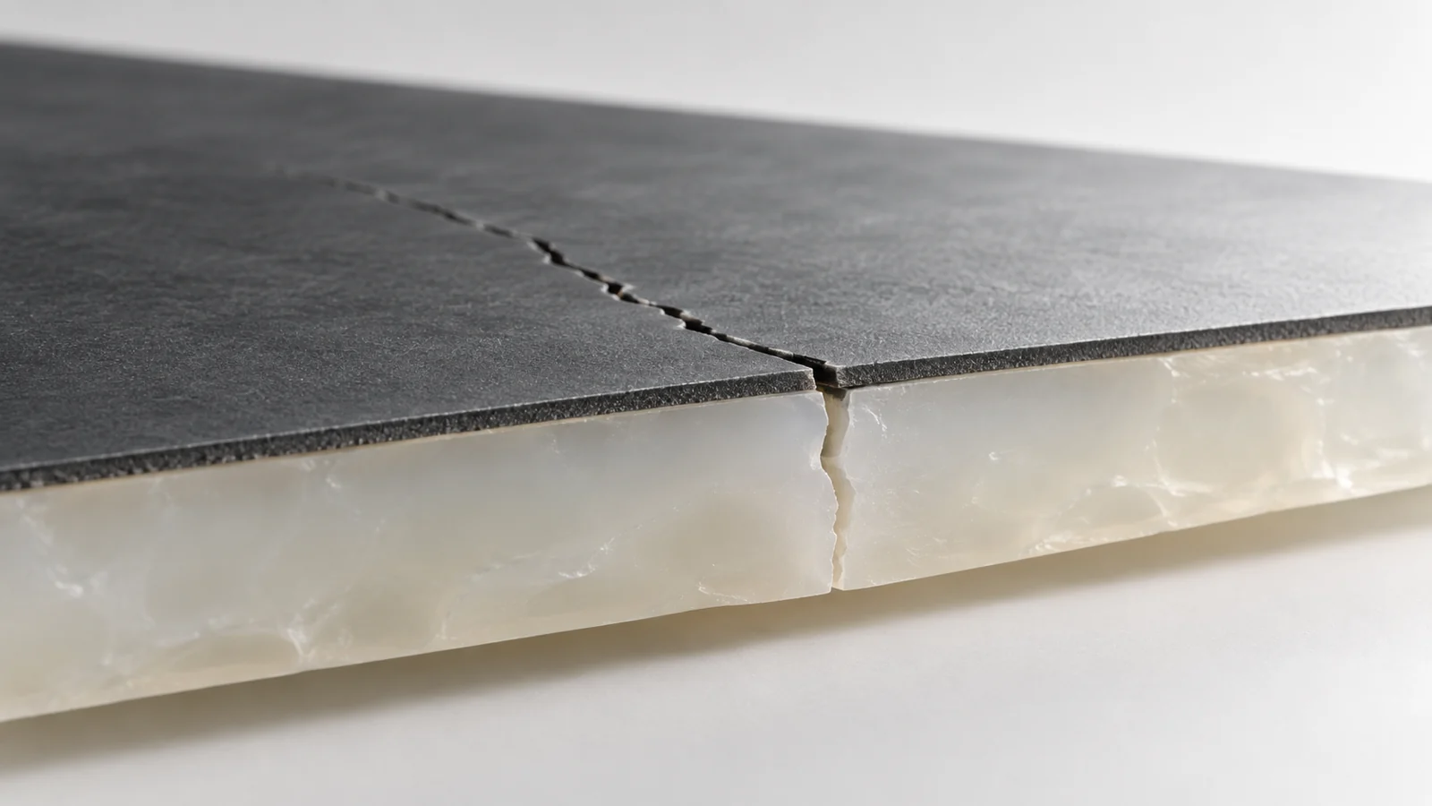 Conceptual view of a polymer sheet with a conductive coating and a crack crossing both layers.