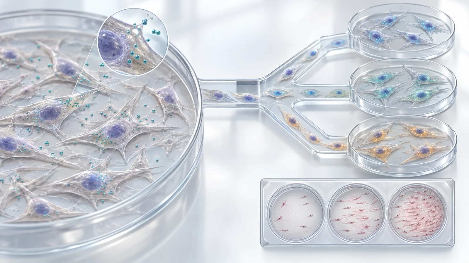 Similar stromal cells branch into distinct clonal lines after temporary vector exposure and removal, with a small migration assay inset.