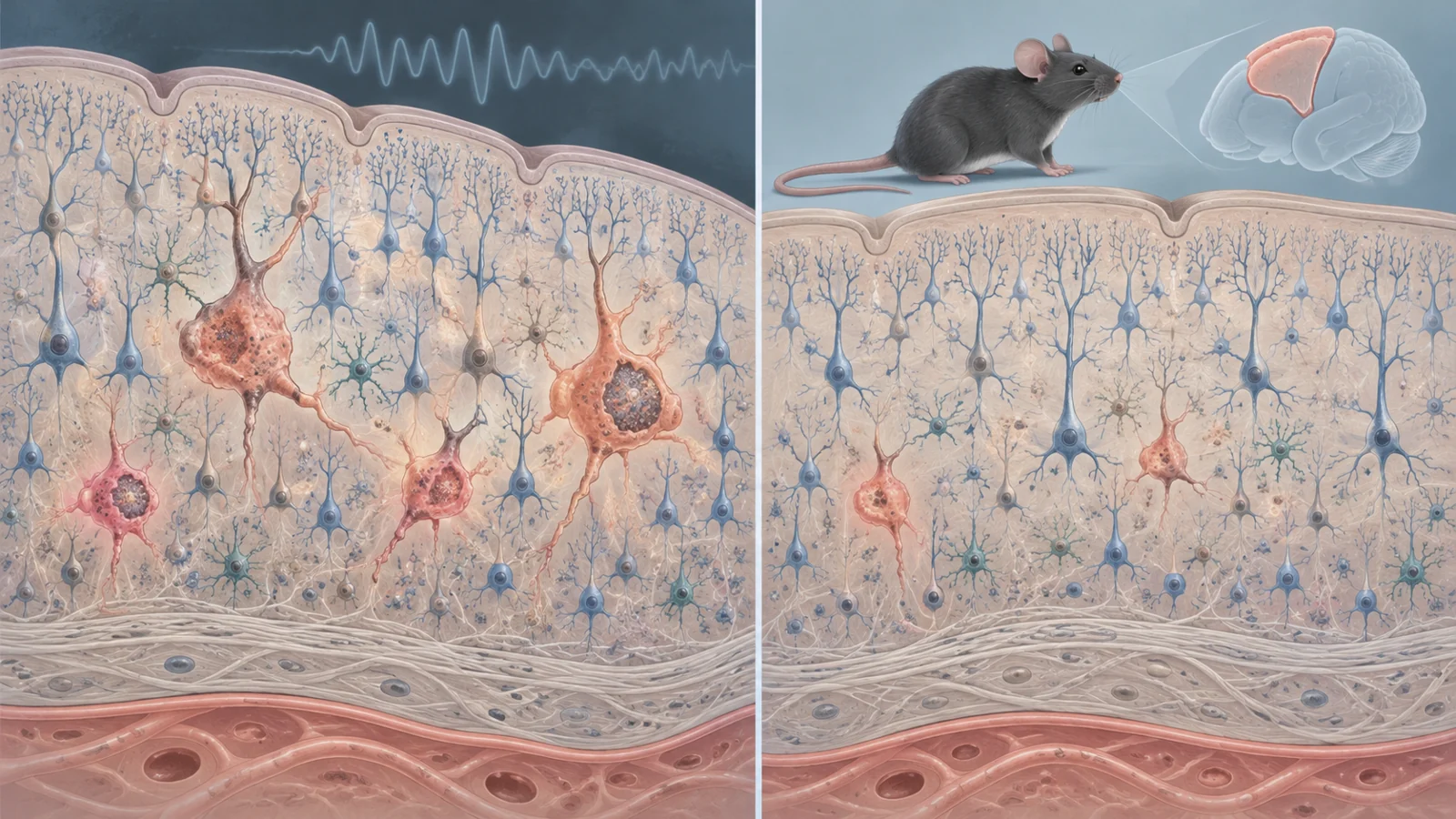 Enlarged abnormal cortical neurons among normal cells beside a mouse panel with fewer abnormal cells after treatment