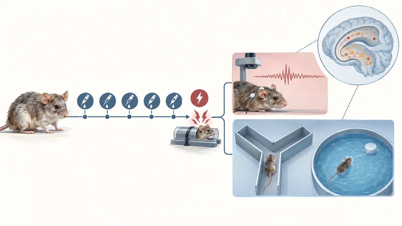Timeline showing treatment in aged mice before an induced seizure challenge and later spatial-memory testing.