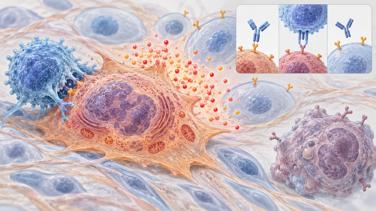 Conceptual view of a senescent tissue cell releasing inflammatory signals beside immune cells involved in clearance and targeting.