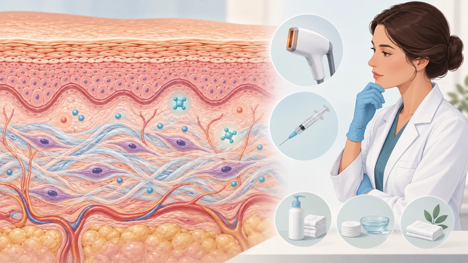 Skin cross-section with fibroblasts and collagen beneath the barrier as a clinician considers preparation before a procedure.