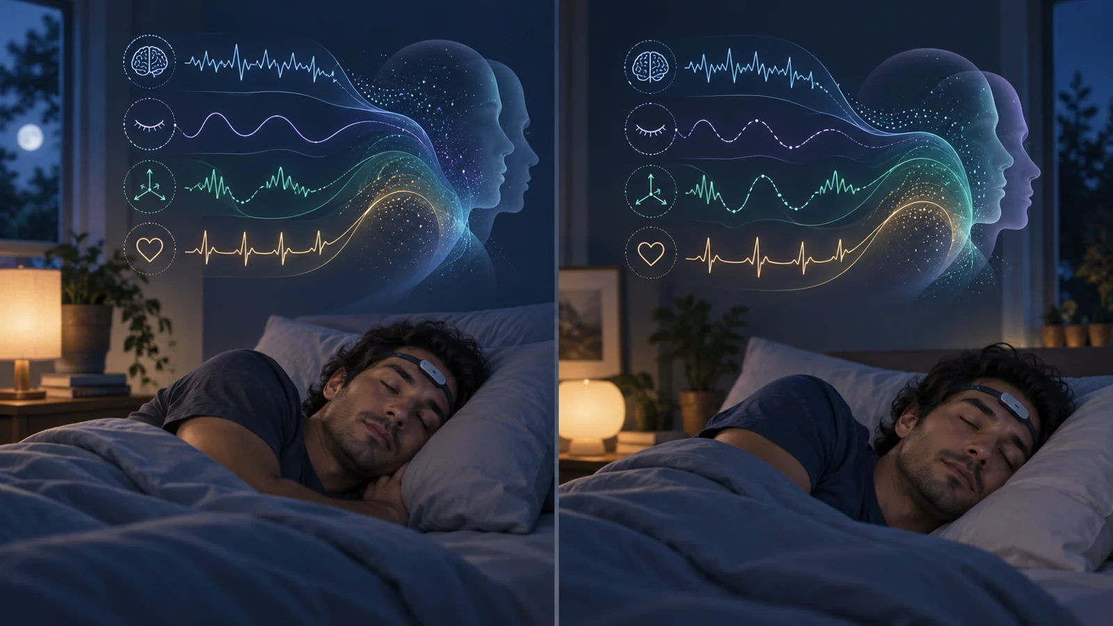 Person wearing a forehead sleep recorder as schematic brain and pulse traces form overlapping neurological profiles.