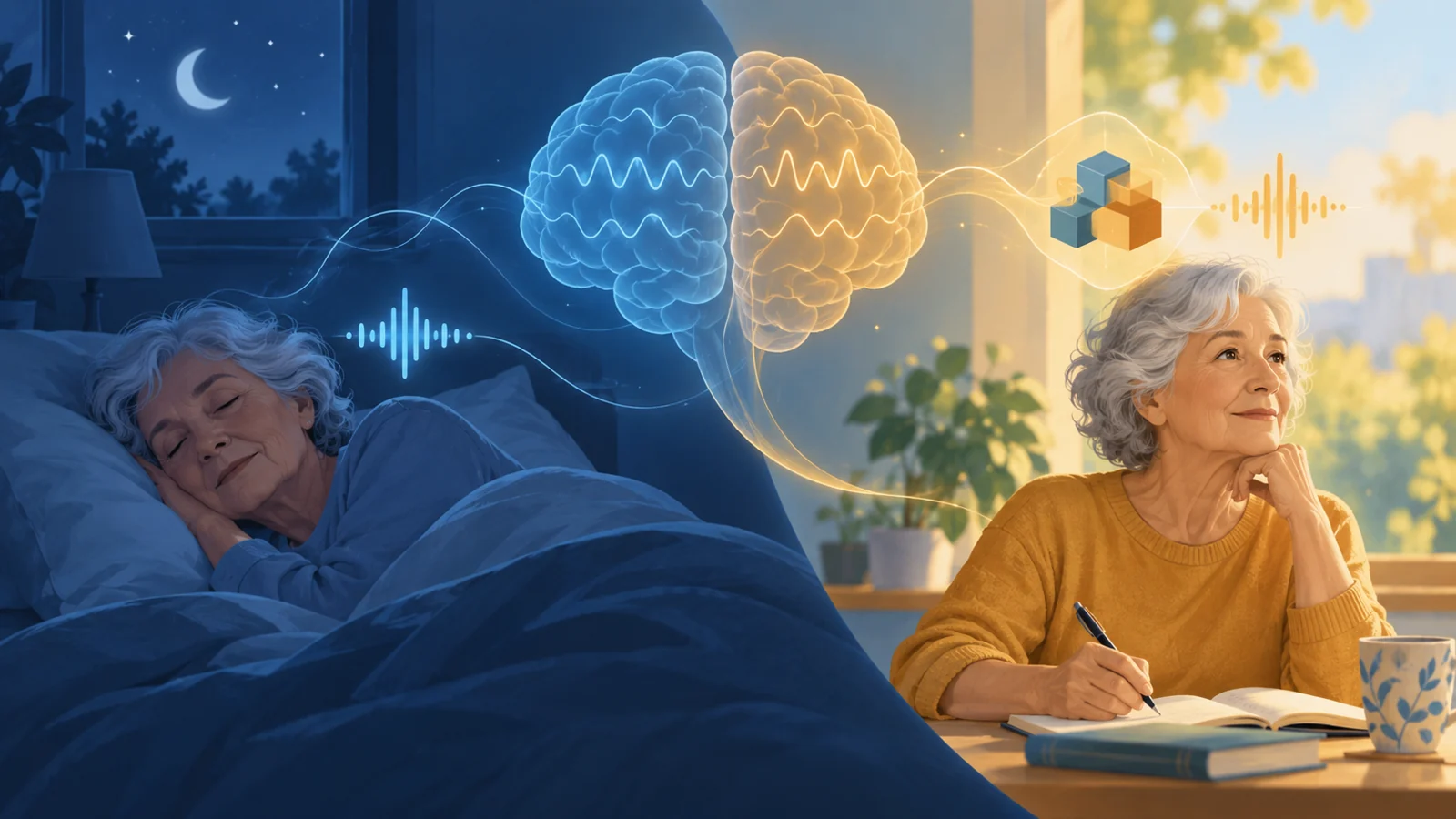 Older adult shown asleep and awake with brain wave patterns and a sound cue linked to learning