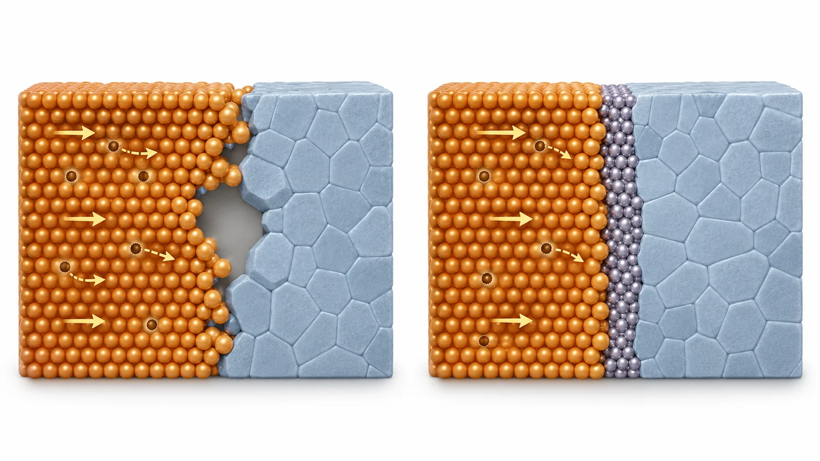 Schematic sodium metal and ceramic boundary with atomic vacancies, a larger interfacial void, and a thin tin–sodium layer comparison