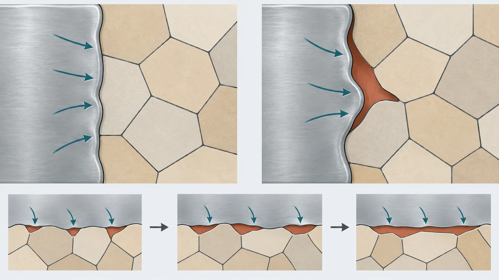 Conceptual cross-section of sodium metal meeting a polycrystalline ceramic separator, with a gap edge crossing a crystal boundary.