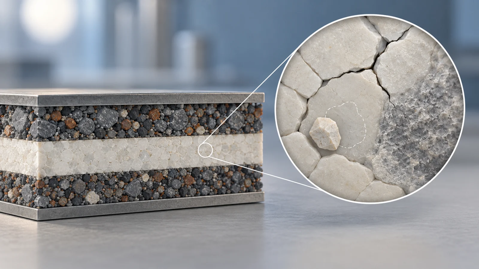 Conceptual cutaway of an oxide microbattery with cracks and structural changes in its solid electrolyte