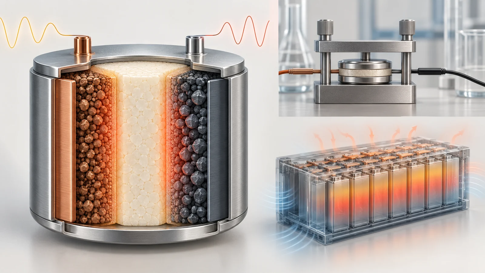 Cutaway solid-state battery with a solid electrolyte, alternating electrical input, and separate cell experiment and modeled pack heat patterns