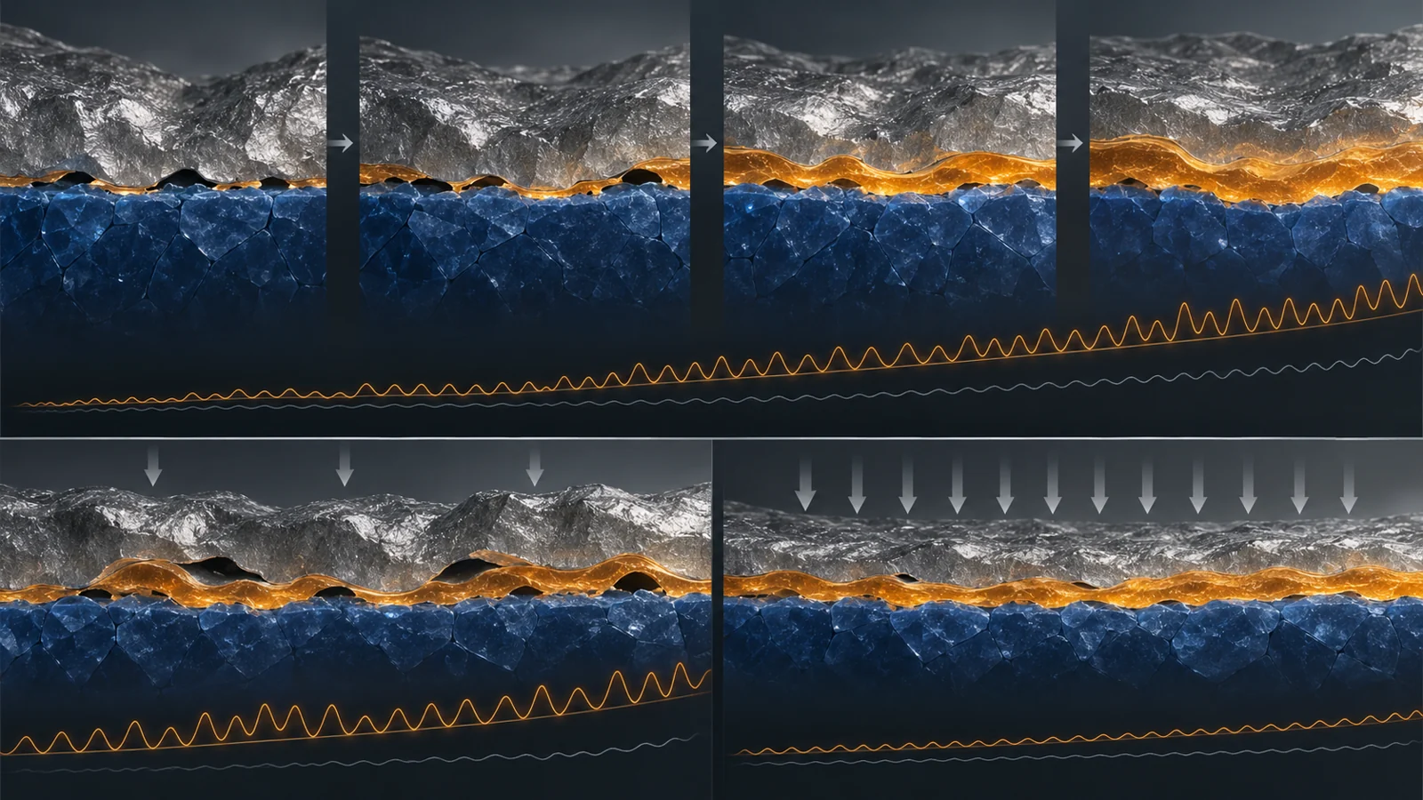 Conceptual cutaway of a lithium-metal and solid-electrolyte interface with opening contact gaps and a thickening decomposition layer