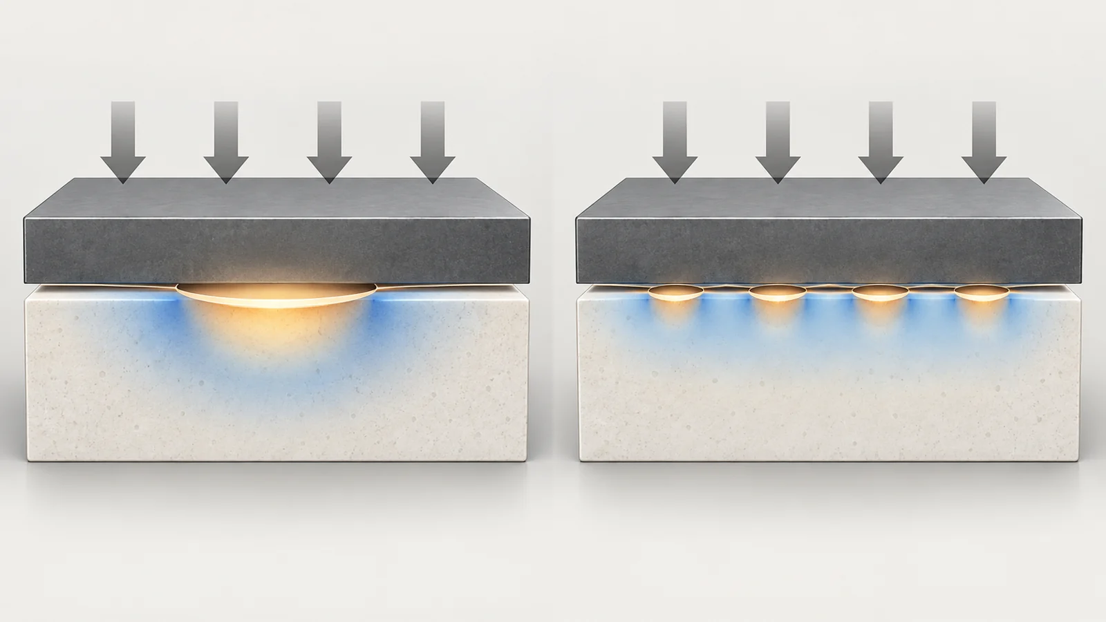 Schematic comparing one large contact patch with several distributed patches between an electrode and ceramic solid electrolyte
