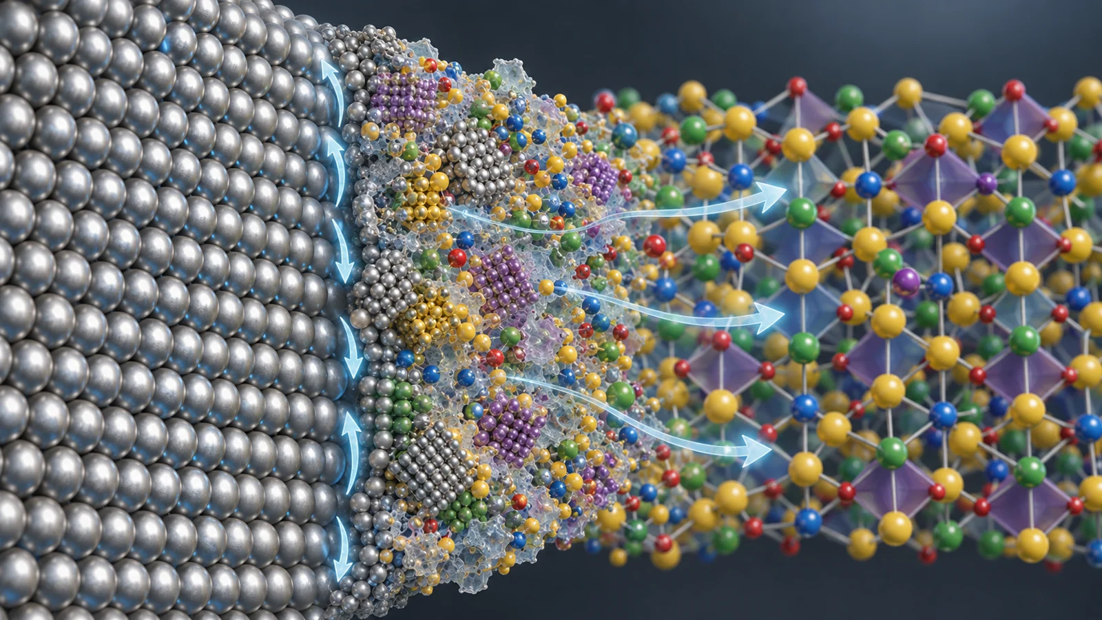 Conceptual cutaway of lithium metal and a solid electrolyte separated by a mixed reaction layer, with atomic motion across and along the interface.