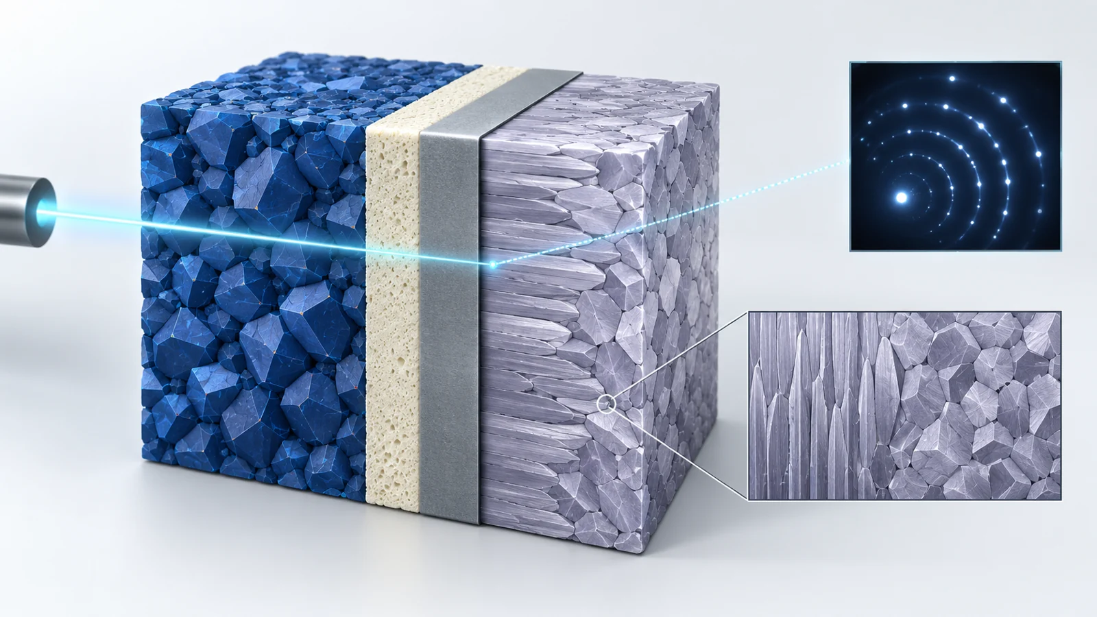 Conceptual cutaway of a solid-electrolyte battery with aligned cathode crystals, a titanium collector, changing lithium grains, and an X-ray beam.