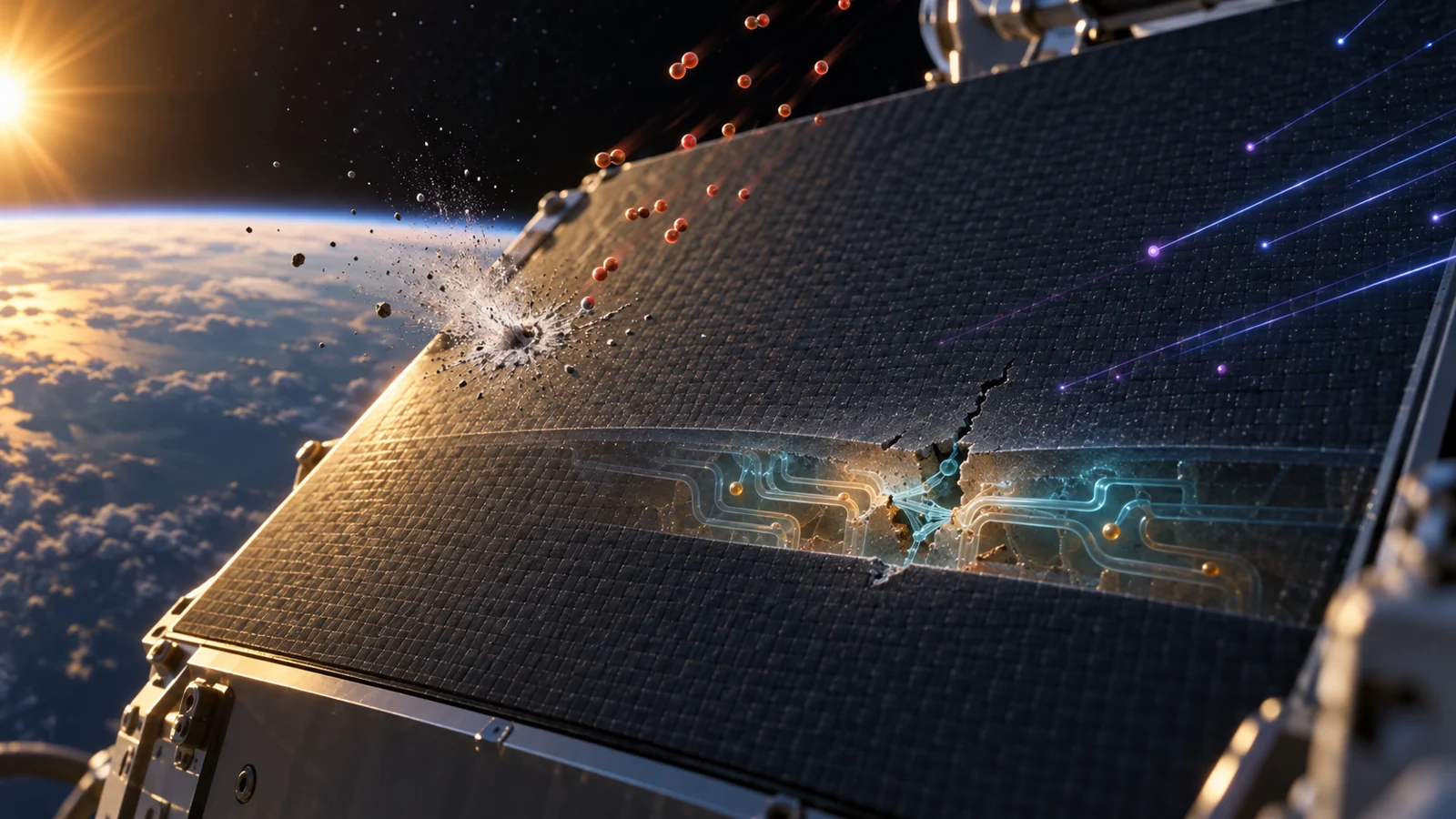 Conceptual satellite polymer panel with an impact mark, symbols for space exposures, and a highlighted possible repair response.