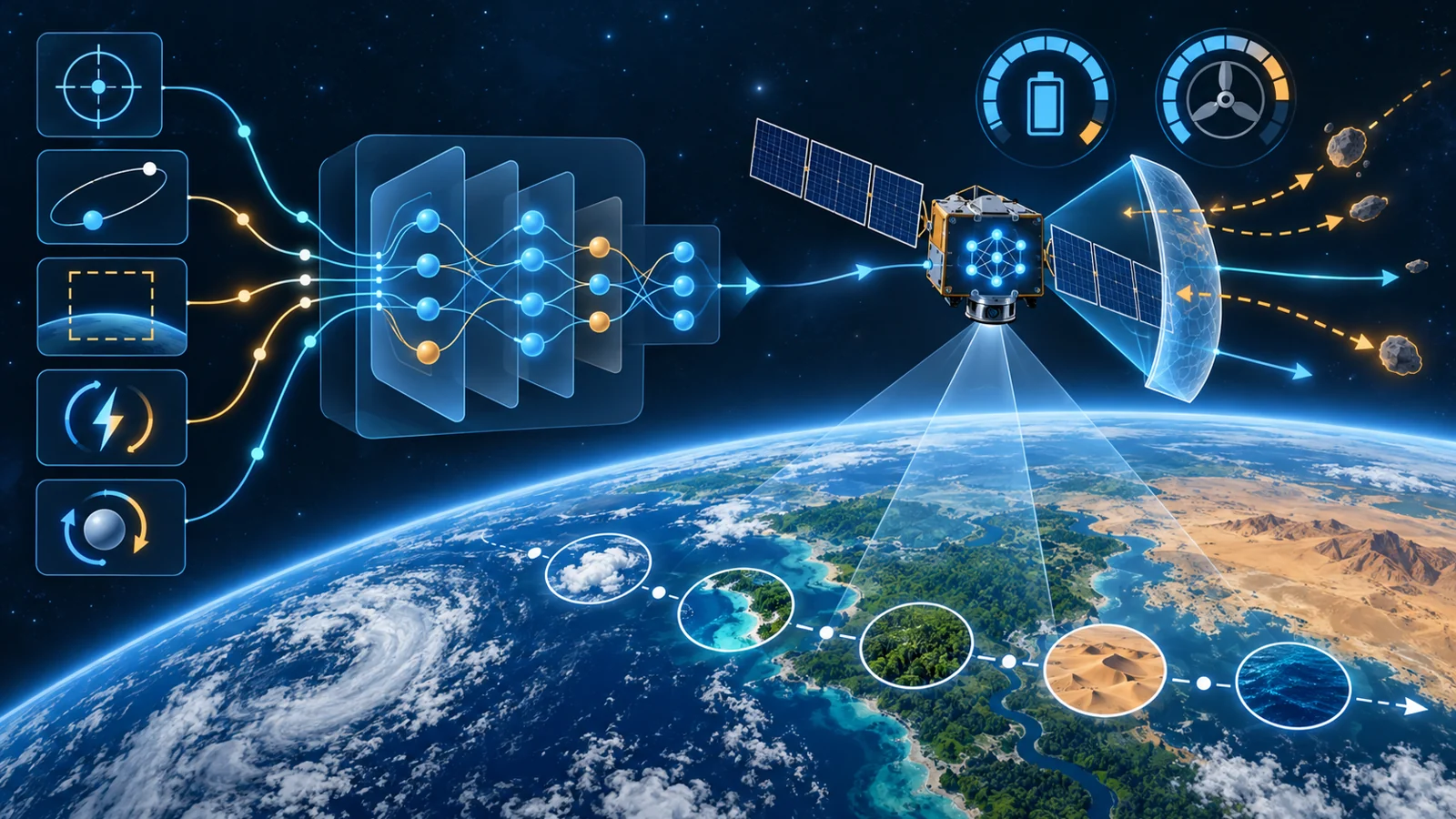 Conceptual spacecraft learning an ordered Earth-imaging task while a safety shield monitors power and reaction-wheel limits