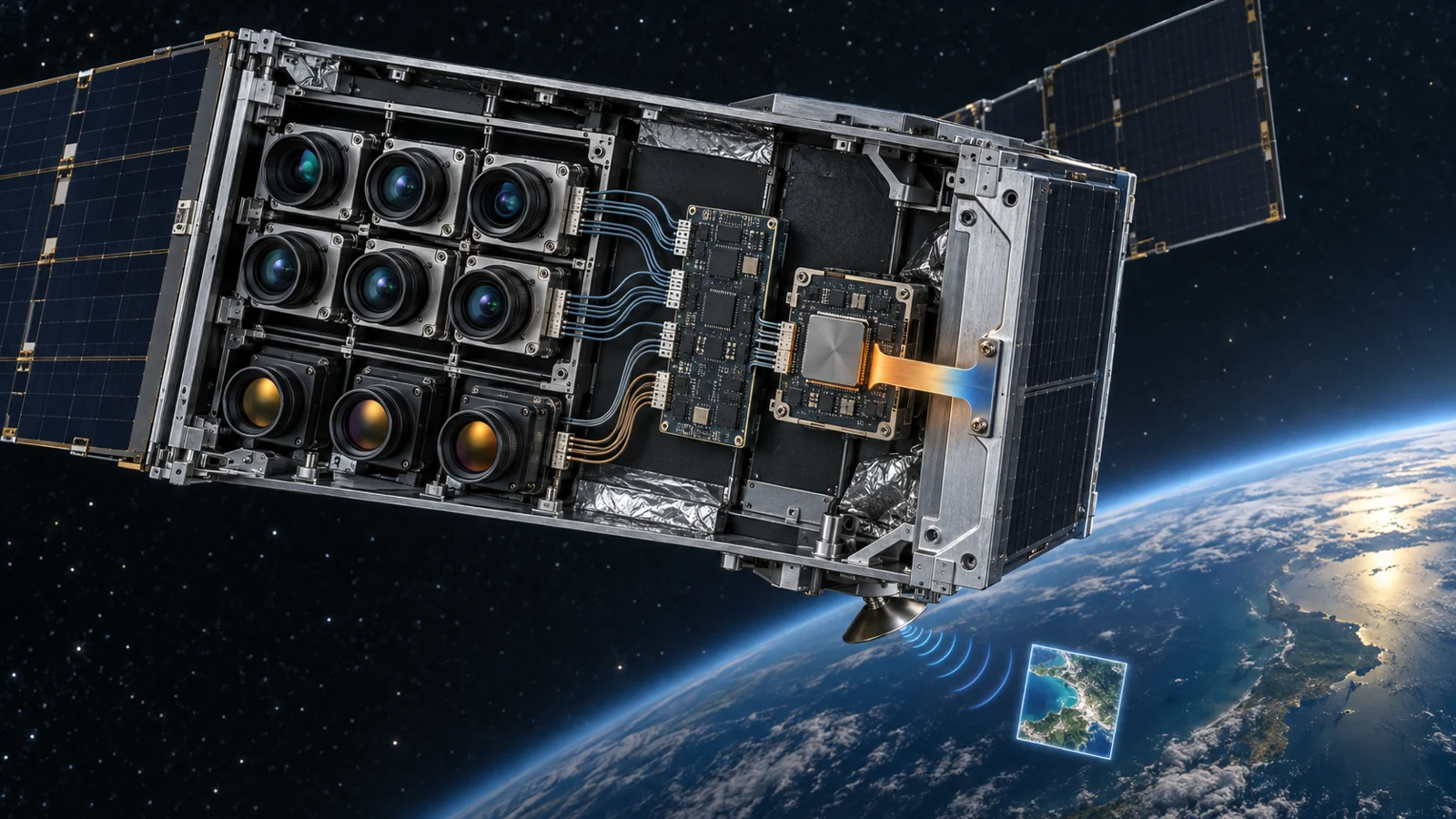Conceptual cutaway of Loris cameras feeding a compact computer with heat conducted into the satellite frame and a small preview sent to Earth