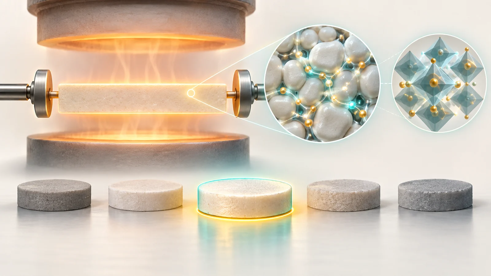 Conceptual ceramic electrolyte between electrodes with lithium-ion paths through packed grains and pores