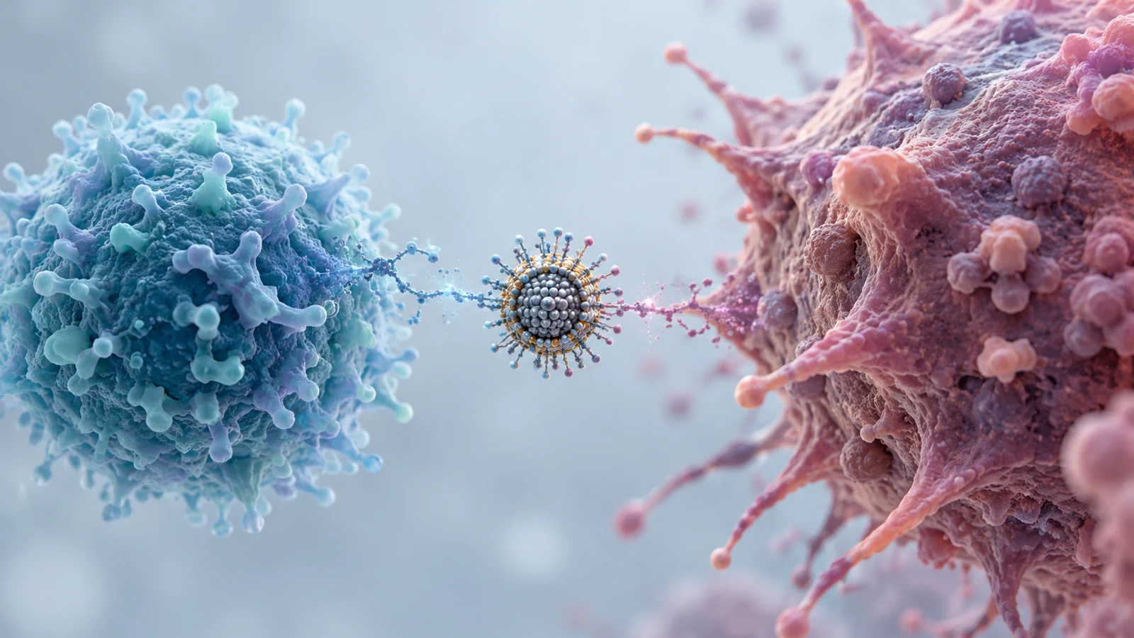 An engineered nanoparticle sits between an immune T cell and a cancer cell, suggesting a possible connection.