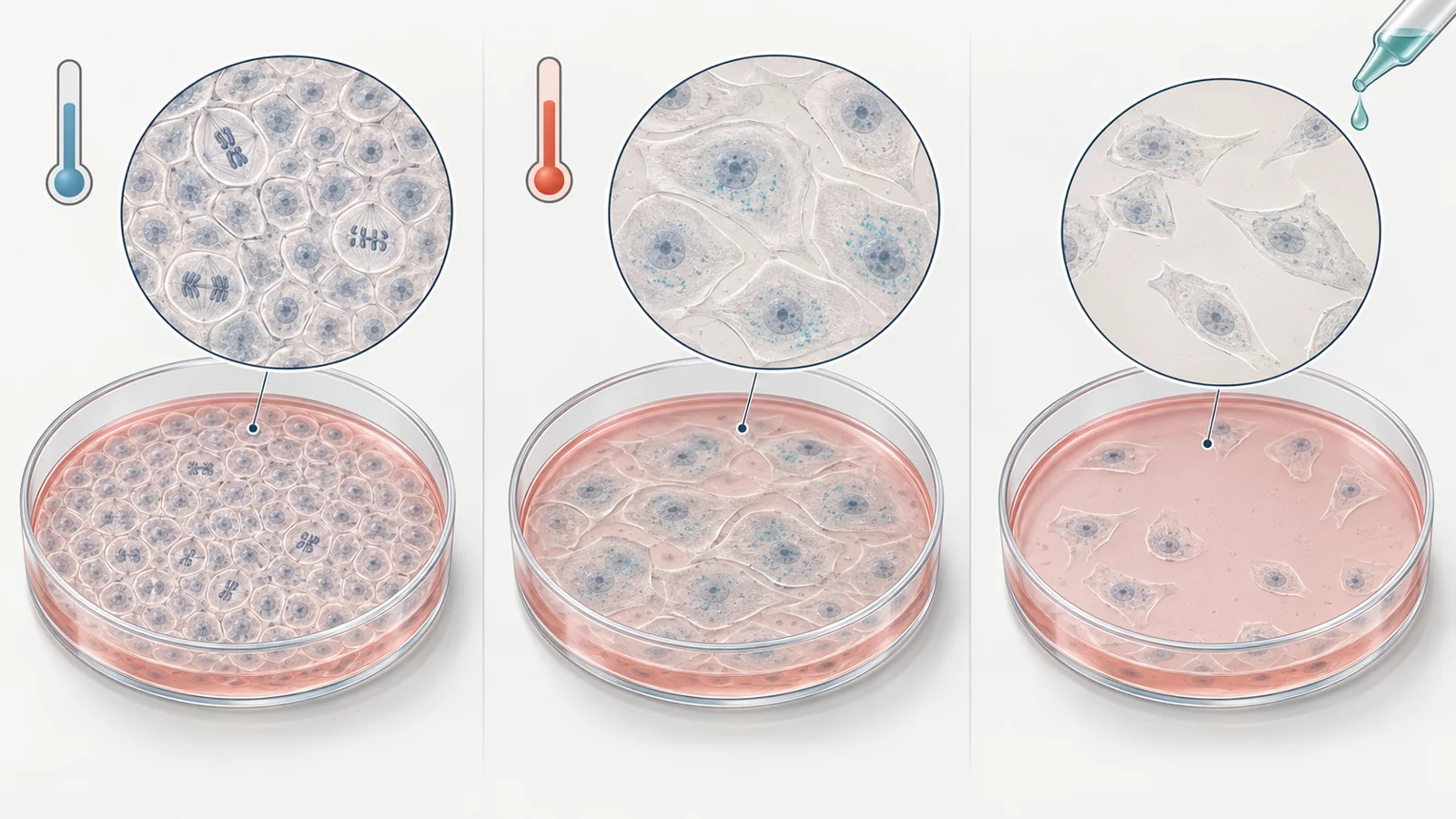 Schematic comparison of engineered kidney cells proliferating at 33°C and showing senescence-like changes after nine days at 37°C, with fewer cells after drug exposure.