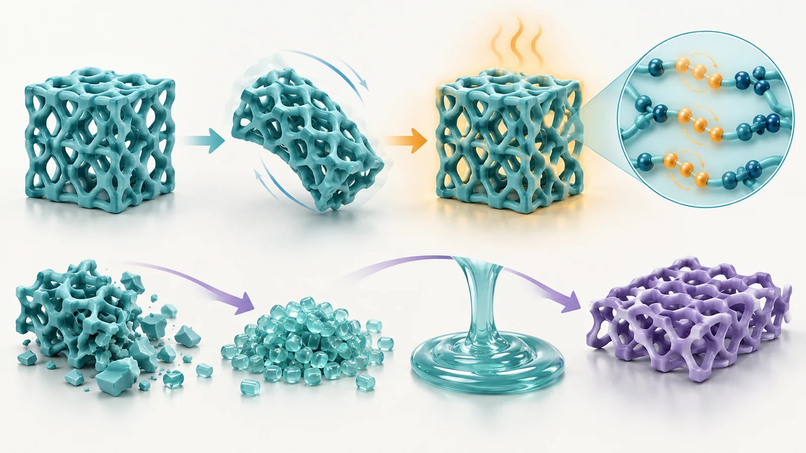 A thermoplastic lattice is bent into a temporary form, returns to its original shape with heat, and is shown separately being reprocessed.