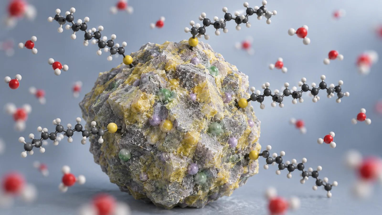 Conceptual Li₆PS₅Cl grain with undecanethiol molecules attached and hydrocarbon tails facing nearby water molecules
