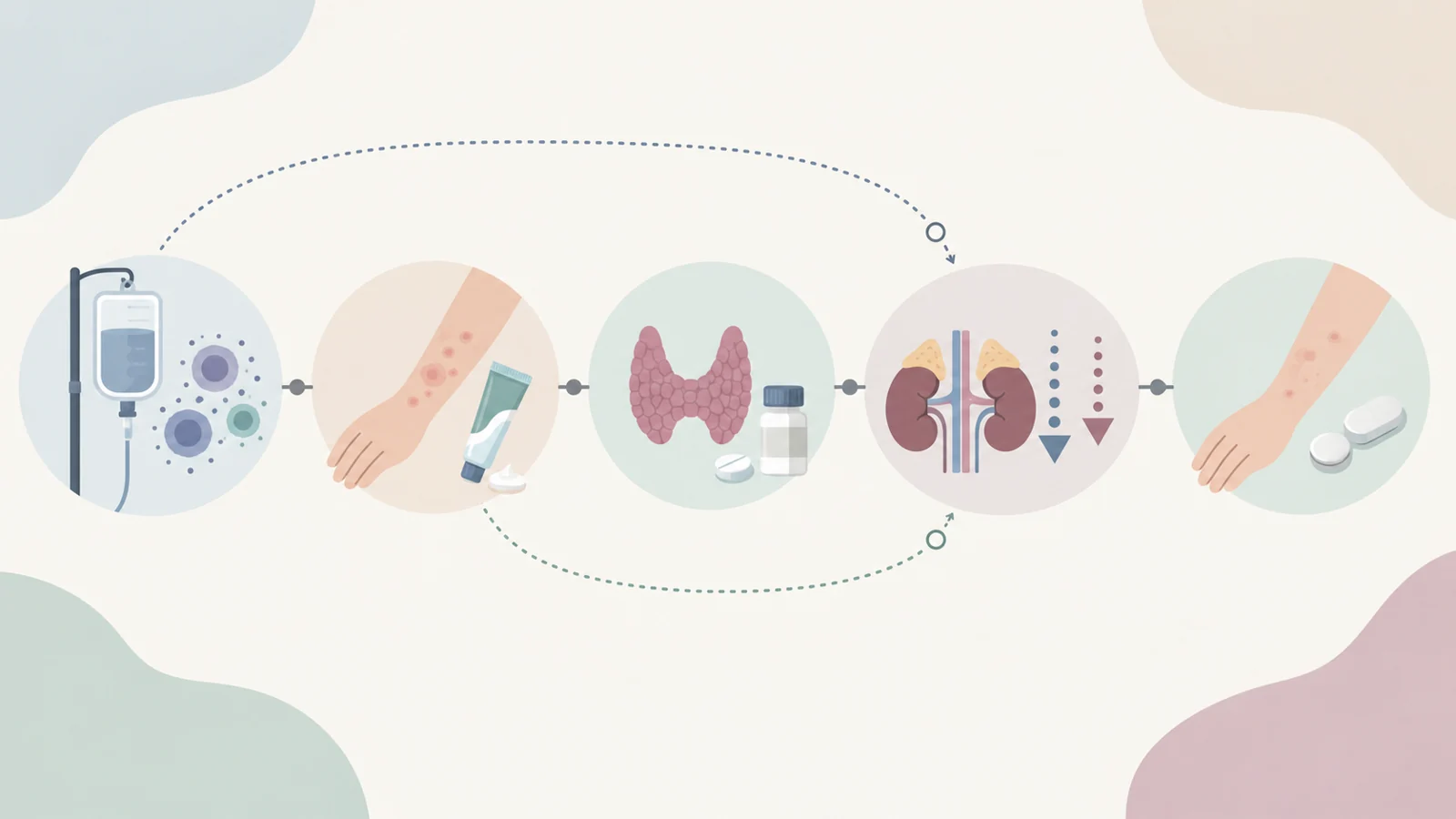 Timeline showing prior immunotherapy, rash treatment, thyroid replacement, low cortisol and improvement after prednisone.