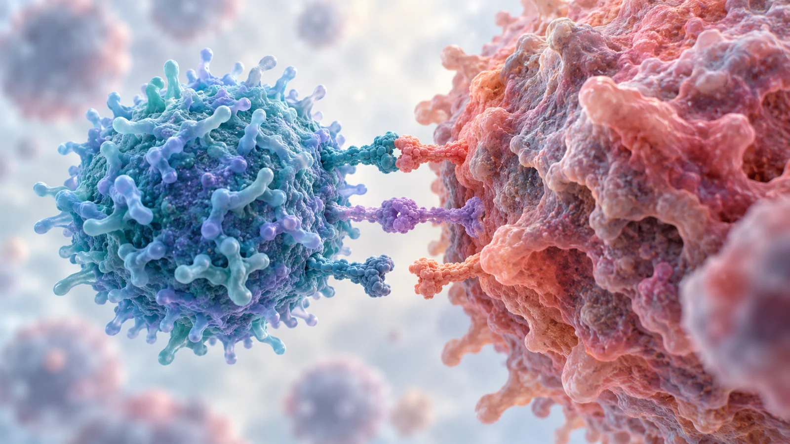 An immune cell approaches a cancer cell at a cell-surface checkpoint.
