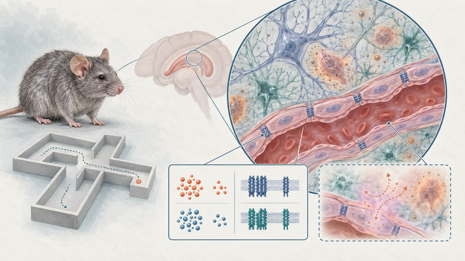 Aged mouse beside a maze and a magnified brain vessel scene with senescence-associated cells still present
