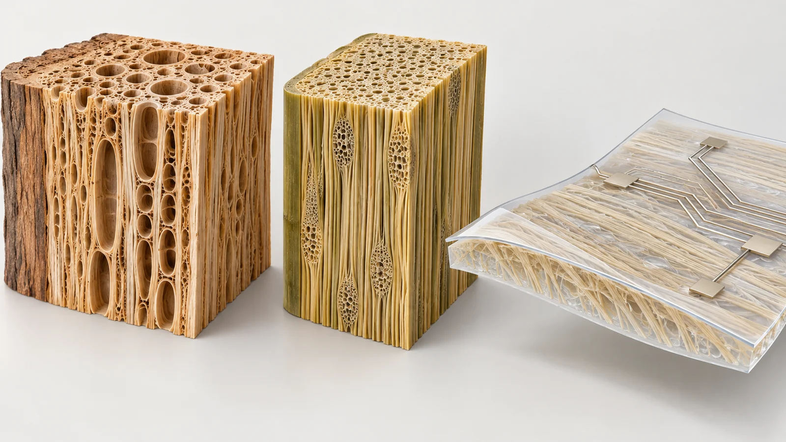 Cutaway wood and bamboo structures beside a clear film carrying a circuit.