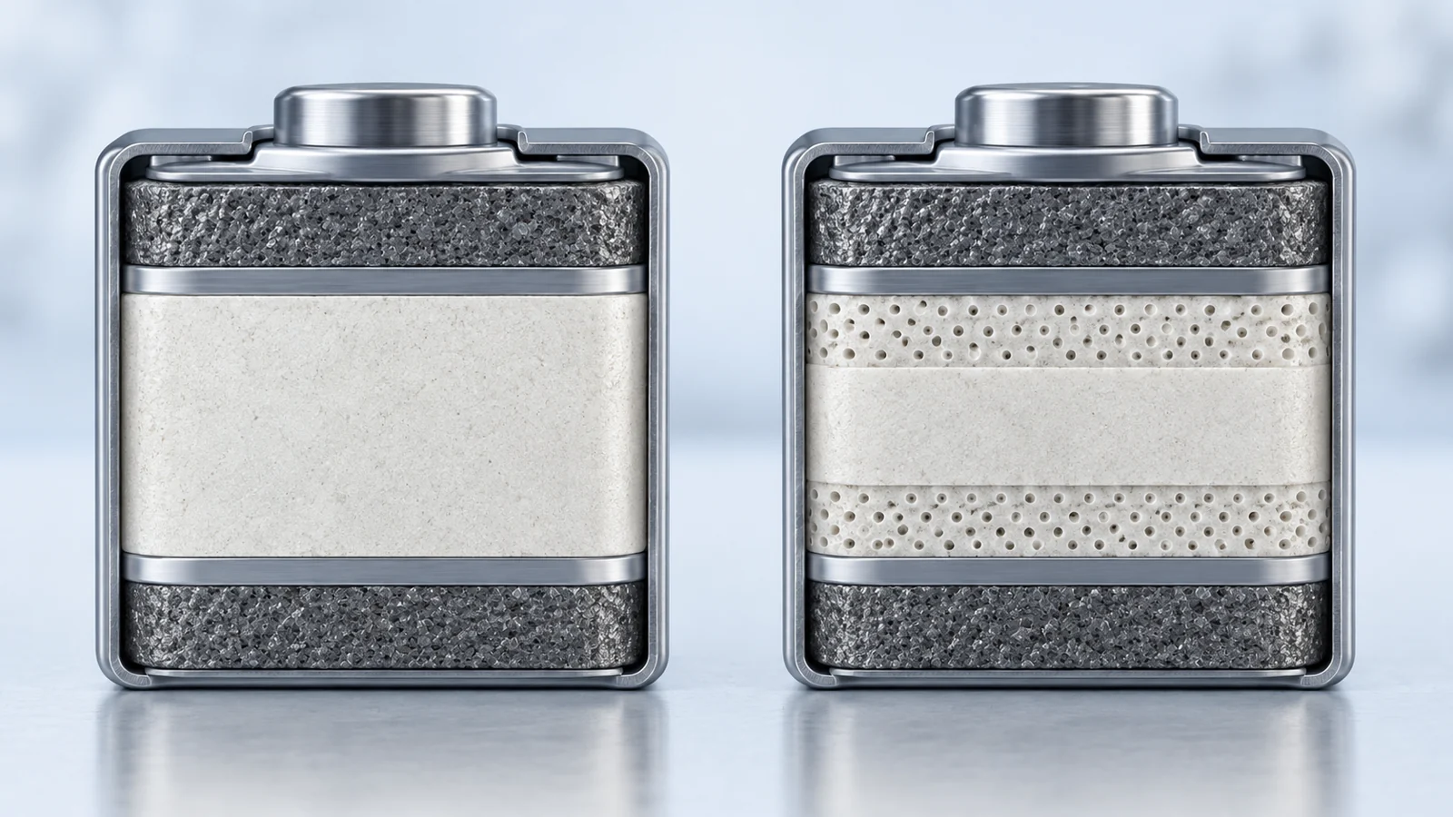 Side-by-side cutaway of dense and porous–dense–porous ceramic electrolytes between battery electrodes
