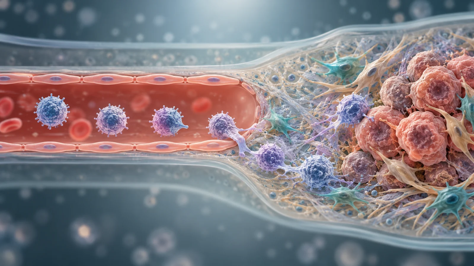 How do immune cells reach a tumor inside a chip?