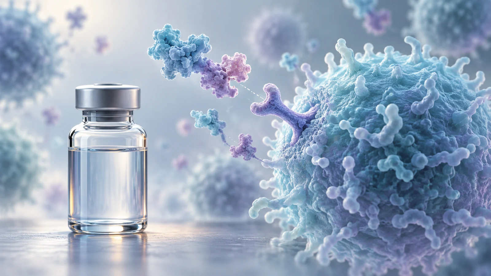 A vaccine vial beside a stylized immune cell with a checkpoint receptor.